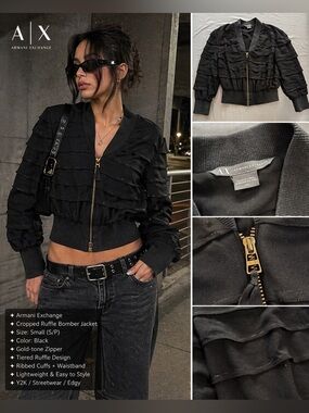Armani Exchange Black Cropped Ruffle Bomber Jacket with Gold Zipper Size S